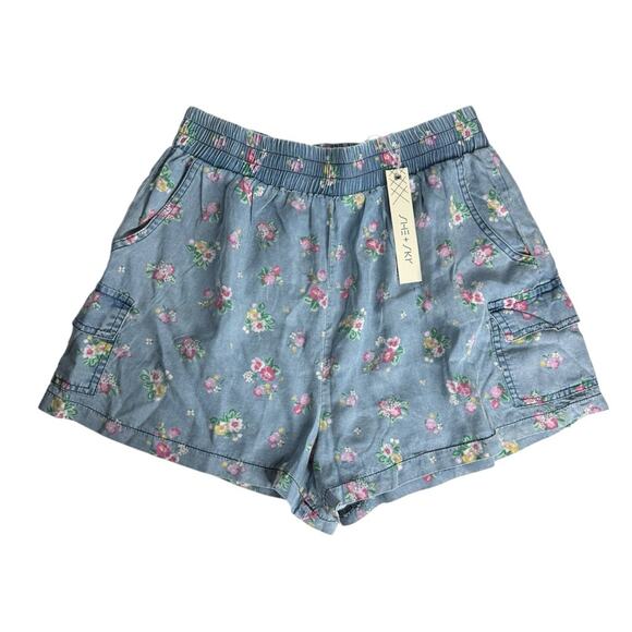 She and Sky Floral Chambray Shorts Blue Drawstring Waist‎ Women's Medium New - Picture 8 of 8